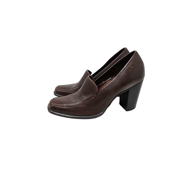 Vintage 90s 10 Brown Leather Chunky Heel Loafer Whimsygoth Square Toe Academia - Picture 5 of 6